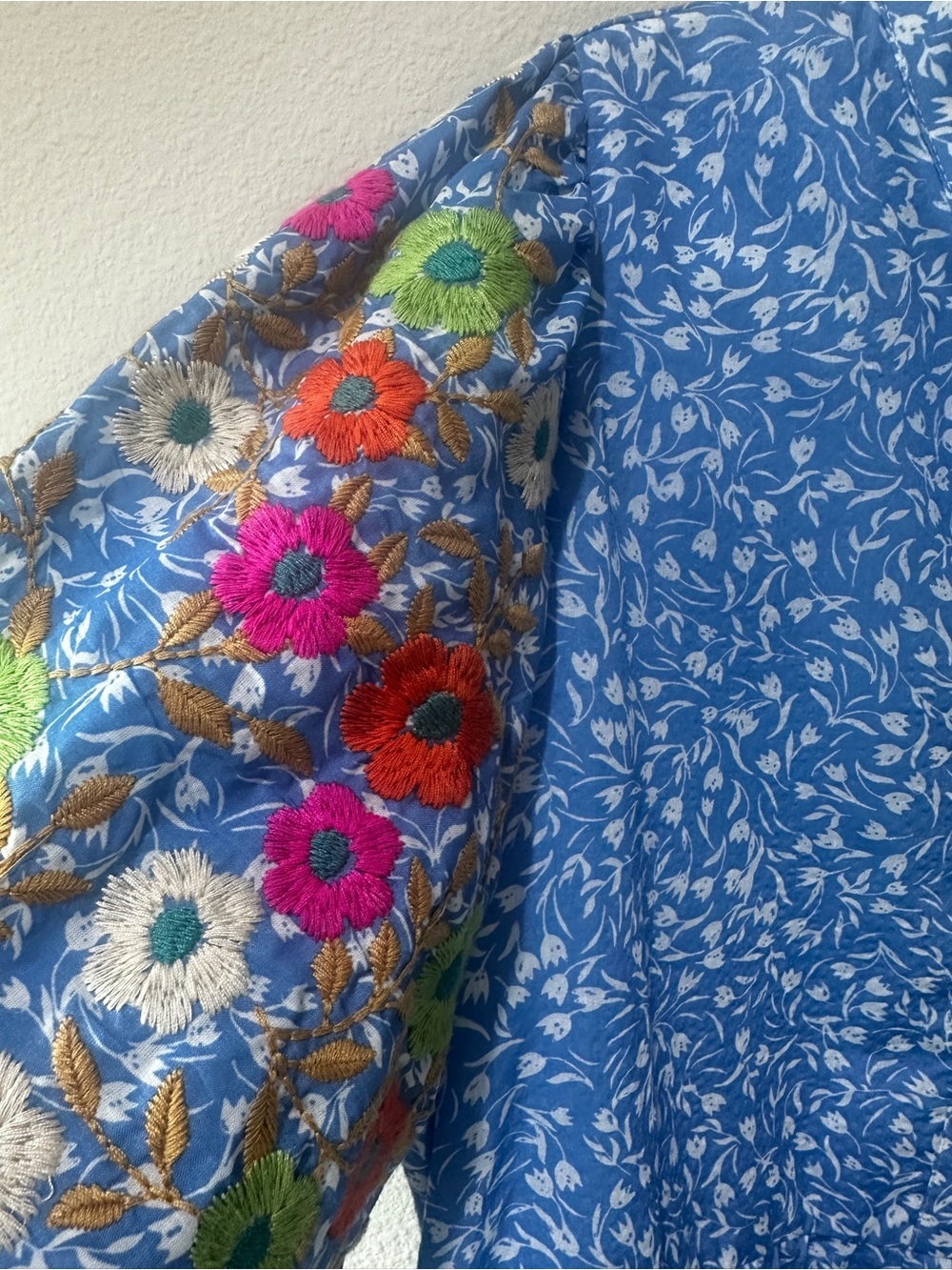 THML Blue Floral Embroidered Casual Dress with Multicolor Blooms